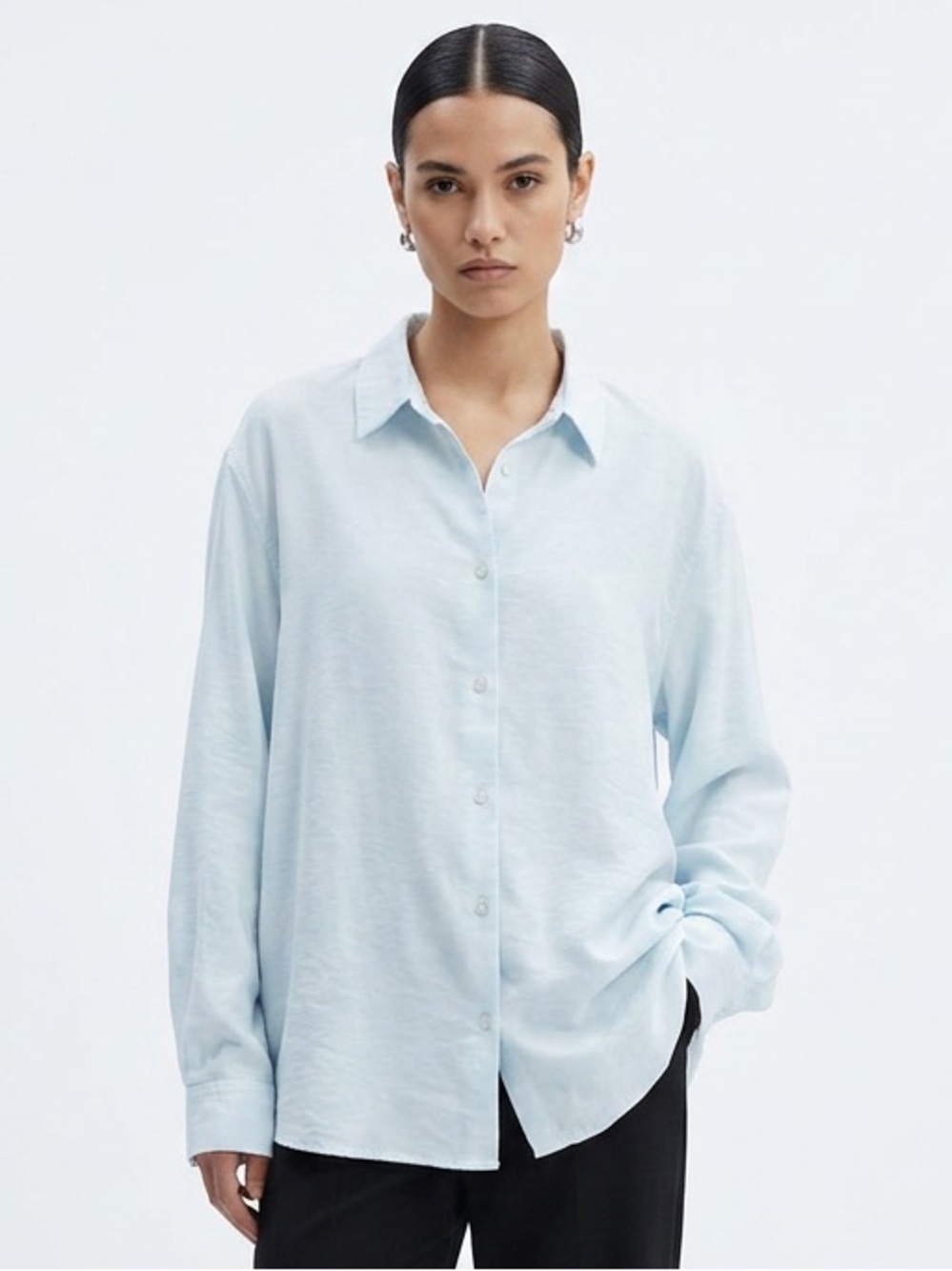 Mayson The Label L Pale Blue Rayon Casual Button Down Layering Shirt Silky Flowy